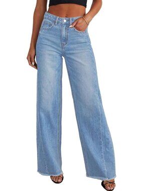 Women's Sky Blue Cotton Blend High Waisted Stretchy Trendy Denim Wide Leg Pant